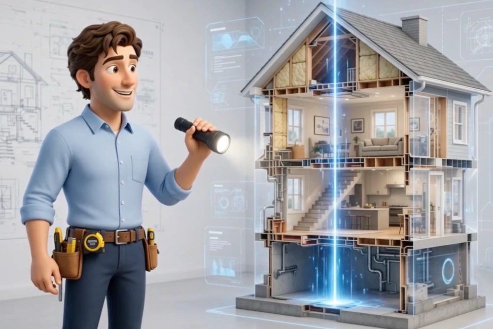 Licensed home inspector examining a residential property before a real estate purchase in Eastern North Carolina.